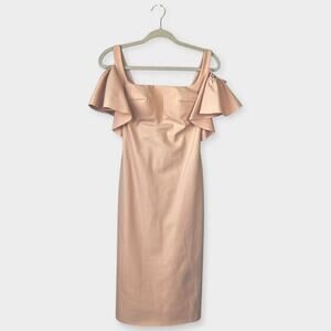 TARIK EDIZ Nude Pink Cocktail Dress Sheath Ruffle Sleeve Size 8 Party